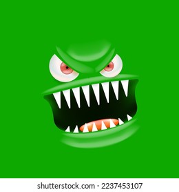 Vector funny angry green monster face with open mouth with fangs and evil eyes isolated on green background. Halloween cute and angry monster design template for poster, banner and tee print