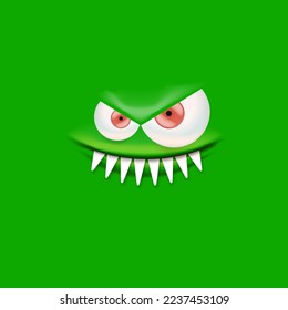 Vector funny angry green monster face with open mouth with fangs and evil eyes isolated on green background. Halloween cute and angry monster design template for poster, banner and tee print