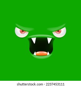 Vector funny angry green monster face with open mouth with fangs and evil eyes isolated on green background. Halloween cute and angry monster design template for poster, banner and tee print