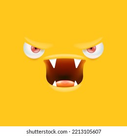 Vector funny angry orange monster face with open mouth with fangs and evil eyes isolated on orange background. Halloween cute and angry monster design template for poster, banner and tee print