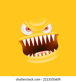 Vector funny angry orange monster face with open mouth with fangs and evil eyes isolated on orange background. Halloween cute and angry monster design template for poster, banner and tee print