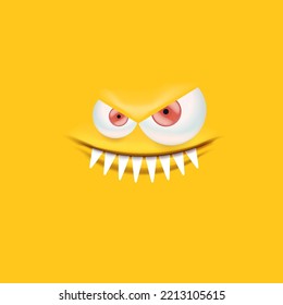 Vector funny angry orange monster face with open mouth with fangs and evil eyes isolated on orange background. Halloween cute and angry monster design template for poster, banner and tee print