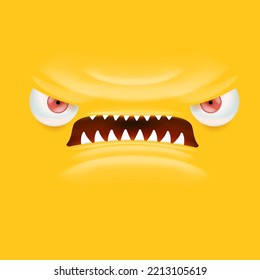 Vector funny angry orange monster face with open mouth with fangs and evil eyes isolated on orange background. Halloween cute and angry monster design template for poster, banner and tee print