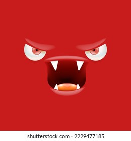 Vector funny angry red christmas monster face with open mouth with fangs and evil eyes isolated on red background. Christmas cute and angry monster design template for poster, banner and tee print