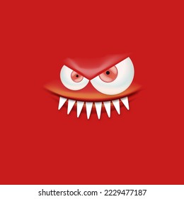 Vector funny angry red christmas monster face with open mouth with fangs and evil eyes isolated on red background. Christmas cute and angry monster design template for poster, banner and tee print