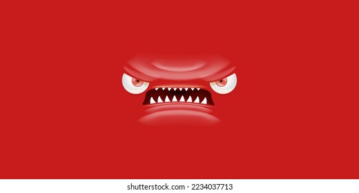 Vector funny angry red christmas monster face with open mouth with fangs and evil eyes isolated on red background. Christmas cute and angry monster design template for poster, banner and tee print