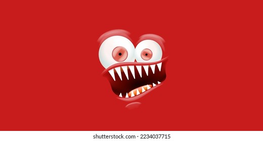 Vector funny angry red christmas monster face with open mouth with fangs and evil eyes isolated on red background. Christmas cute and angry monster design template for poster, banner and tee print