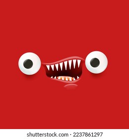 Vector funny angry red christmas monster face with open mouth with fangs and evil eyes isolated on red background. Christmas cute and angry monster design template for poster, banner and tee print