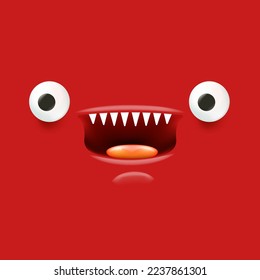 Vector funny angry red christmas monster face with open mouth with fangs and evil eyes isolated on red background. Christmas cute and angry monster design template for poster, banner and tee print