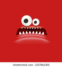 Vector funny angry red christmas monster face with open mouth with fangs and evil eyes isolated on red background. Christmas cute and angry monster design template for poster, banner and tee print