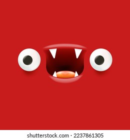Vector funny angry red christmas monster face with open mouth with fangs and evil eyes isolated on red background. Christmas cute and angry monster design template for poster, banner and tee print