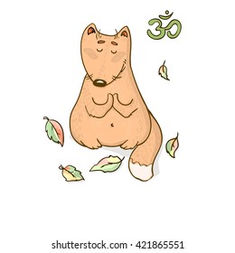 Vector funny animal yoga cartoon design. Cute  fox sitting in the leaves meditating and doing yoga. Animal  character design for apparel, cartoon, clothing, posters and stickers. Yoga practice. Yoga