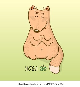 Vector funny animal yoga cartoon design. Cute fox sitting, meditating and doing yoga. Animal character design for apparel, cartoon, clothing, posters and stickers for kids, children, babies yoga class
