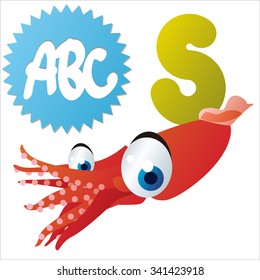 colección de alfabetos de animales graciosos vectoriales: S es para el lindo cómico Squid