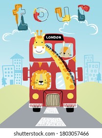 Vector of funny animals cartoon on red bus in city road