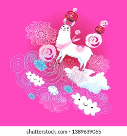 Vector funny animals on a white Alpaca with a rose background with clouds