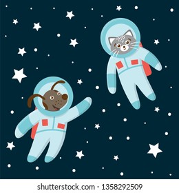 Vector funny astronaut cat and dog in space with planets and stars. Cute cosmic illustration for children on blue background