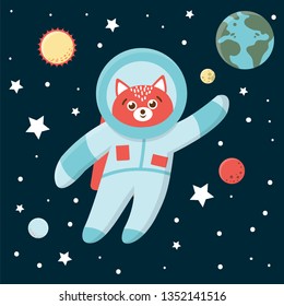 Vector funny astronaut fox in space with planets and stars. Cute cosmic illustration for children on blue background
