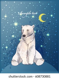 Vector Funny background with Hand Drawn bear , vector background with moon and blots.
