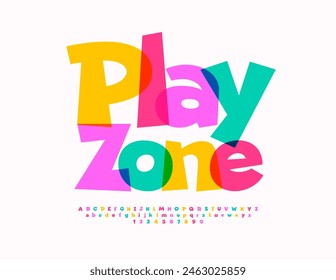 Vector divertida insignia Play Zone. Fuente de estilo de dibujos animados. Conjunto de letras y números de alfabeto de colores brillantes.