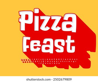 Vector divertido Anuncio Pizza Feast. Fuente escrita a mano juguetona con Big Red Shadow. Conjunto decorativo de letras y números del alfabeto 3D.