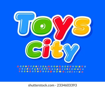 Vector funny banner Toys City with colorful Alphabet Letters, Numbers and Symbols set. Bright modern Font