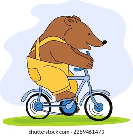 Vector funny bear ridding small child bicycle. World bicycle day, car free day. Greeting card, t-shirt vector design.