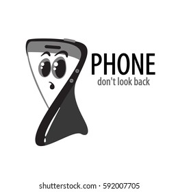 Vector funny black phone with text. Isolated on white background. Character with big eyes.