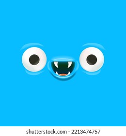 Vector funny blue monster face with open mouth with fangs and eyes isolated on blur background. Halloween cute and funky monster design template for poster, banner and tee print