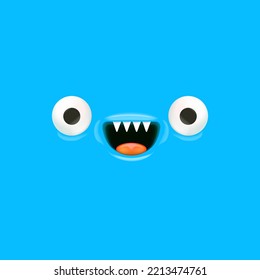 Vector funny blue monster face with open mouth with fangs and eyes isolated on blur background. Halloween cute and funky monster design template for poster, banner and tee print