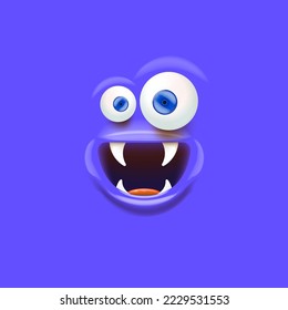 Vector funny blue monster face with open mouth with fangs and eyes isolated on blue background. Halloween cute and funky monster design template for poster, banner and tee print
