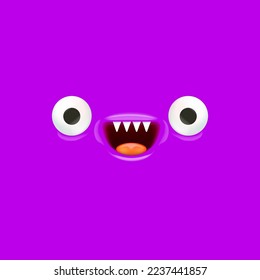 Vector funny blue monster face with open mouth with fangs and eyes isolated on violet background. Halloween cute and funky monster design template for poster, banner and tee print