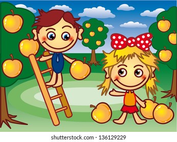 Vector funny boy and girl in a garden