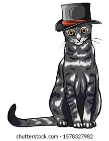 Vector funny British cat hipster in the gray hat, eyeglasses and bowtie illustration