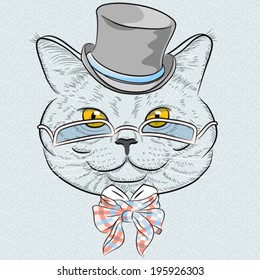 Vector funny British cat hipster in the gray hat, eyeglasses and bowtie