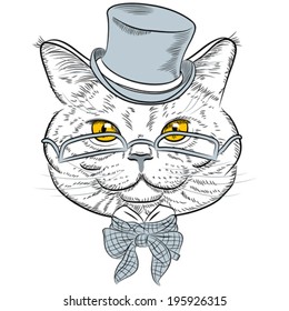 Vector funny British cat hipster in the gray hat, eyeglasses and bowtie