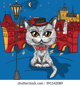 Vector funny British cat hipster in the black hat and red bowtie on the Prague cityscape with Prague Castle and Charles Bridge
