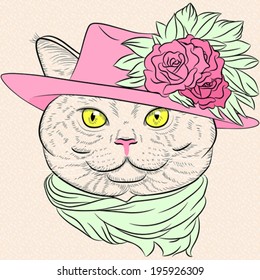 Vector funny British cat lady in the pink hat and green scarf