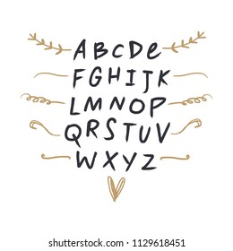 Vector funny brush alphabet. Letters and symbols set. Clipart, isolated details.