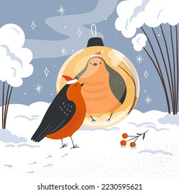 Vector funny bullfinch and reflection in the Christmas ball. Winter cartoon illustration