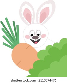 Vector funny bunny is hiding with huge carrot