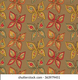 Vector funny butterflies texture - cute insects nature pattern on textured cardboard paper background