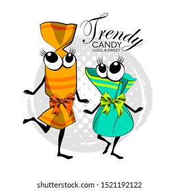 Vector funny candies. Comic and funny sweet couple with dress. Illustration of fashionista and model cartoon candies. Print on T-shirts, bags and other fashion products. 