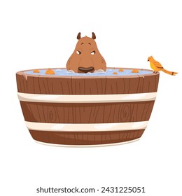 Vektor lustige Capybara im Bad mit Orangen. Cartoon-Stil für Aufkleber, Druck, Maskottchen. Trendiges Design. Weißer Hintergrund. Isoliert.