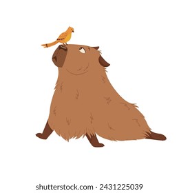 Vektor lustige Capybara mit einem Vogel in einem Cartoon-Stil für Aufkleber, Druck, Maskottchen. Trendiges Design. Weißer Hintergrund. Isoliert.