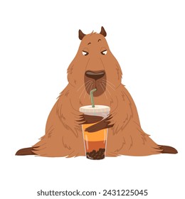 Vector lustige Capybara trinkt einen Bubble Tee im Cartoon-Stil für Aufkleber, Druck, Maskottchen. Trendiges Design. Weißer Hintergrund. Isoliert.