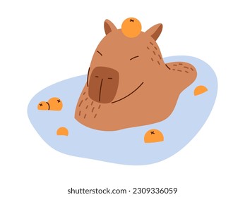 Vector funny capybara in flat design. Amusing capibara character with mandarin oranges. Cute capybara swimming in water. South American adorable animal.