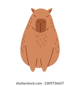 Vector funny capybara in flat design. Amusing capibara character in front view. Cute sitting capybara. South American adorable animal. Rodent.