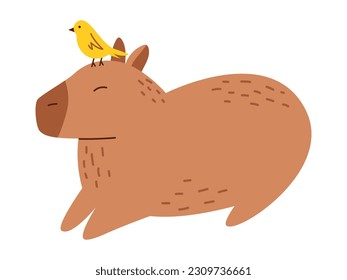 Vector funny capybara in flat design. Amusing capibara character with yellow bird on the head. South American adorable animal. Cute capybara.