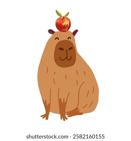 Vector funny capybara in flat design. Amusing capibara character with apple on his head. South American adorable animal.
Hand drawn Vector illustration.
